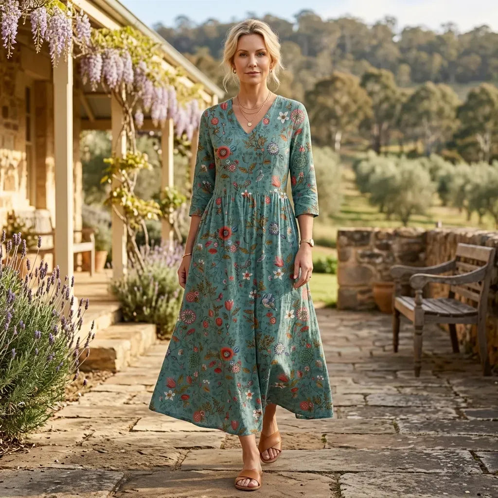 Floral Boho Dress with Pockets, V-Neck Green 2