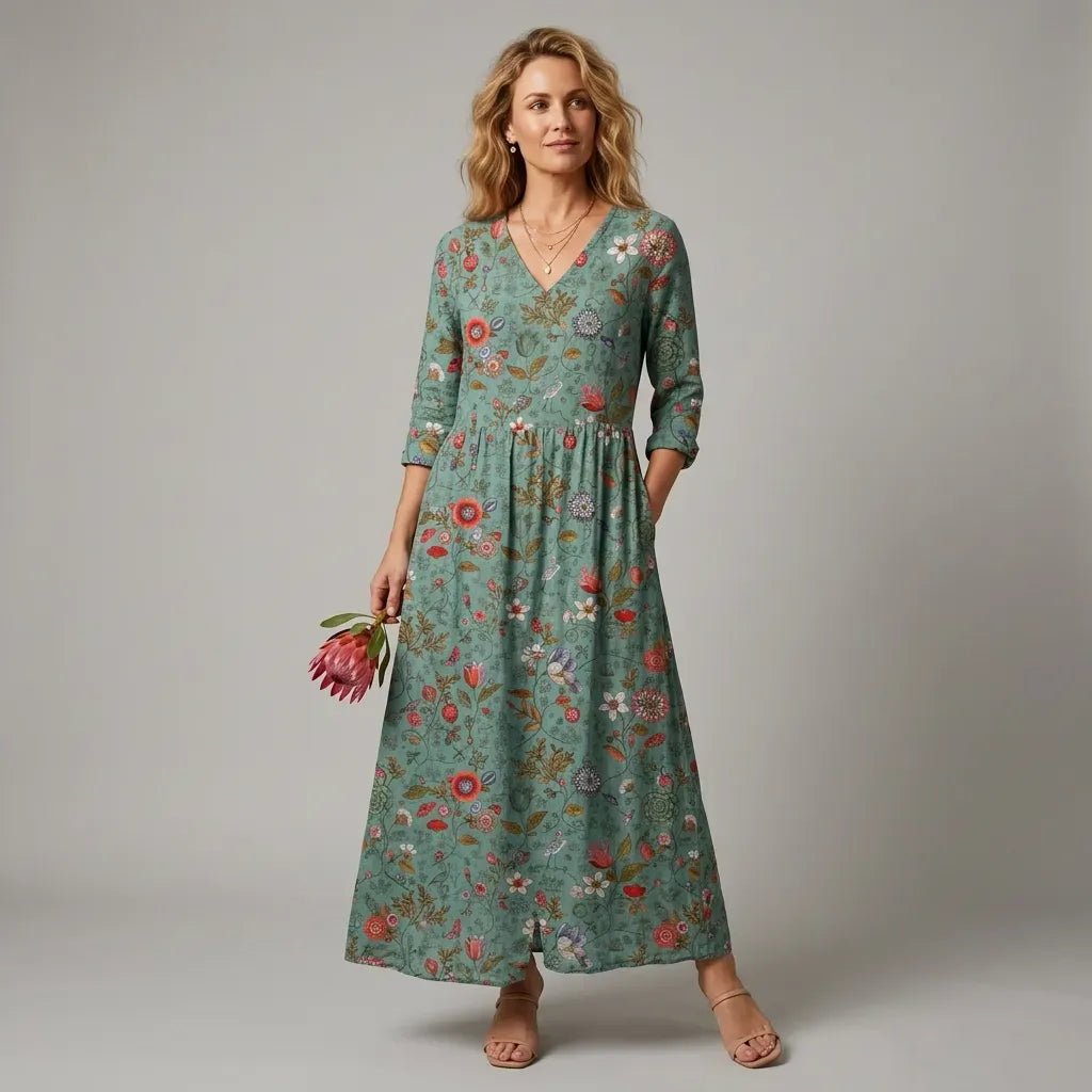 Floral Boho Dress with Pockets, V-Neck Green 3