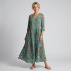Floral Boho Dress with Pockets, V-Neck Green 4