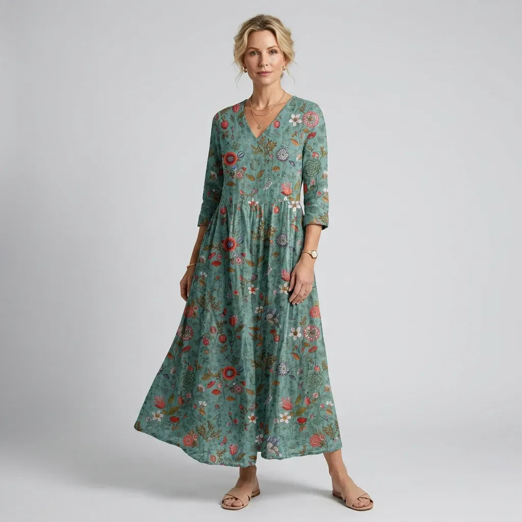 Floral Boho Dress with Pockets, V-Neck Green 4