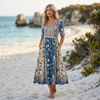Floral Boho Midi Dress with Short Sleeves White 1