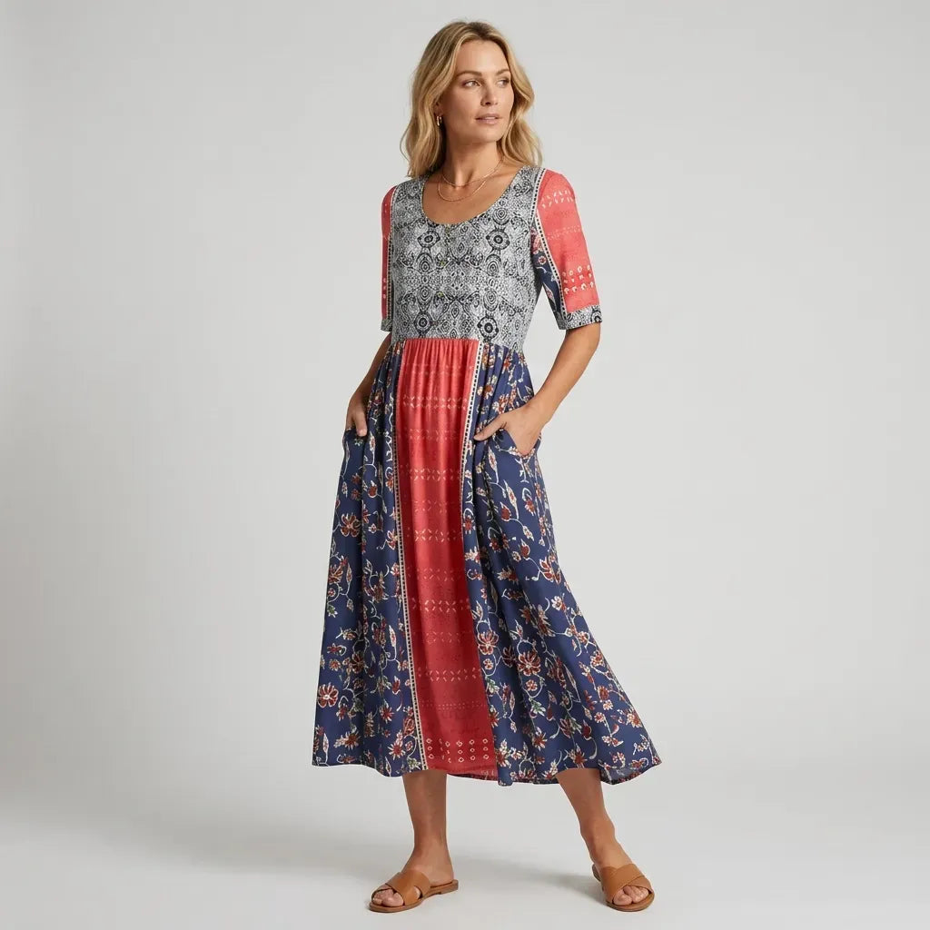 Floral Boho Midi Dress with Short Sleeves Pink 10