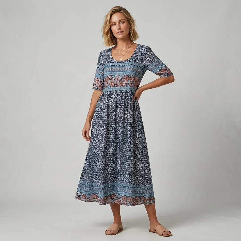 Floral Boho Midi Dress with Short Sleeves Blue 11