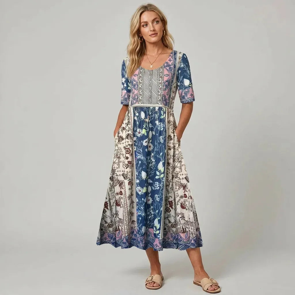 Floral Boho Midi Dress with Short Sleeves White 12