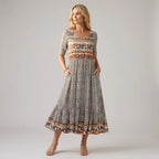 Floral Boho Midi Dress with Short Sleeves Red 13