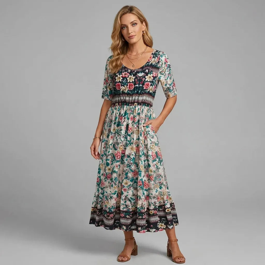 Floral Boho Midi Dress with Short Sleeves Green 2