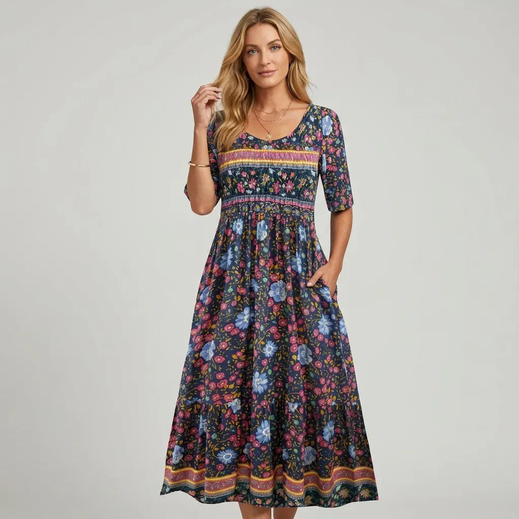 Floral Boho Midi Dress with Short Sleeves Purple 3