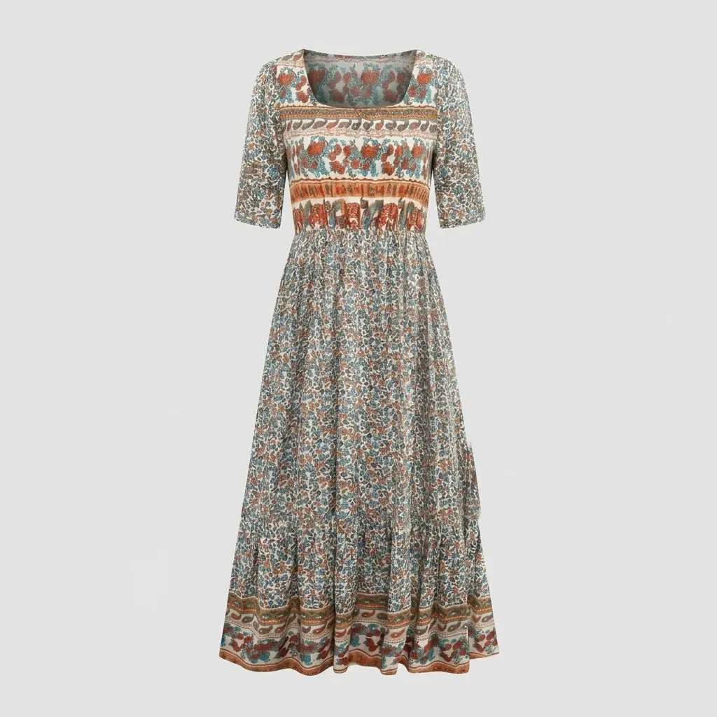 Floral Boho Midi Dress with Short Sleeves Red 4