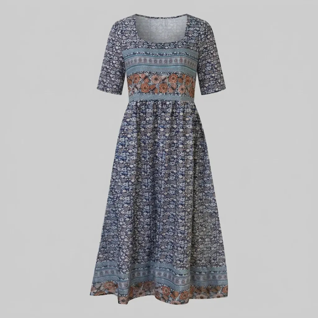 Floral Boho Midi Dress with Short Sleeves Dark Blue 5