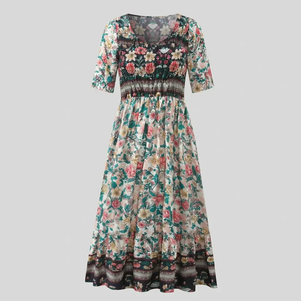 Floral Boho Midi Dress with Short Sleeves Green 7