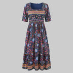 Floral Boho Midi Dress with Short Sleeves Purple 8