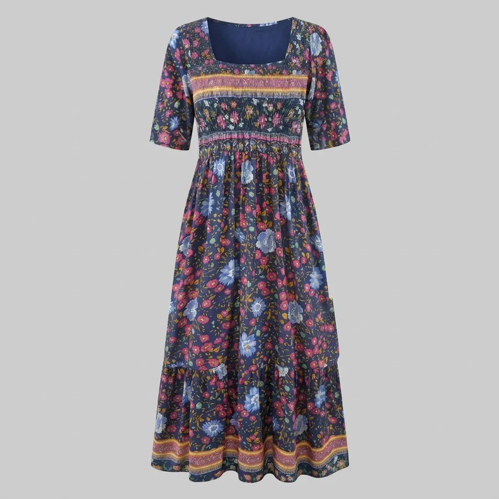 Floral Boho Midi Dress with Short Sleeves Purple 8