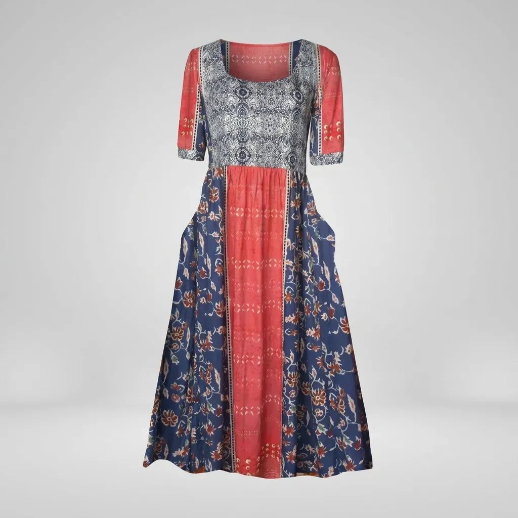 Floral Boho Midi Dress with Short Sleeves Pink 9
