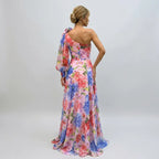 Floral Chiffon Flowy Dress One Shoulder Purple 1