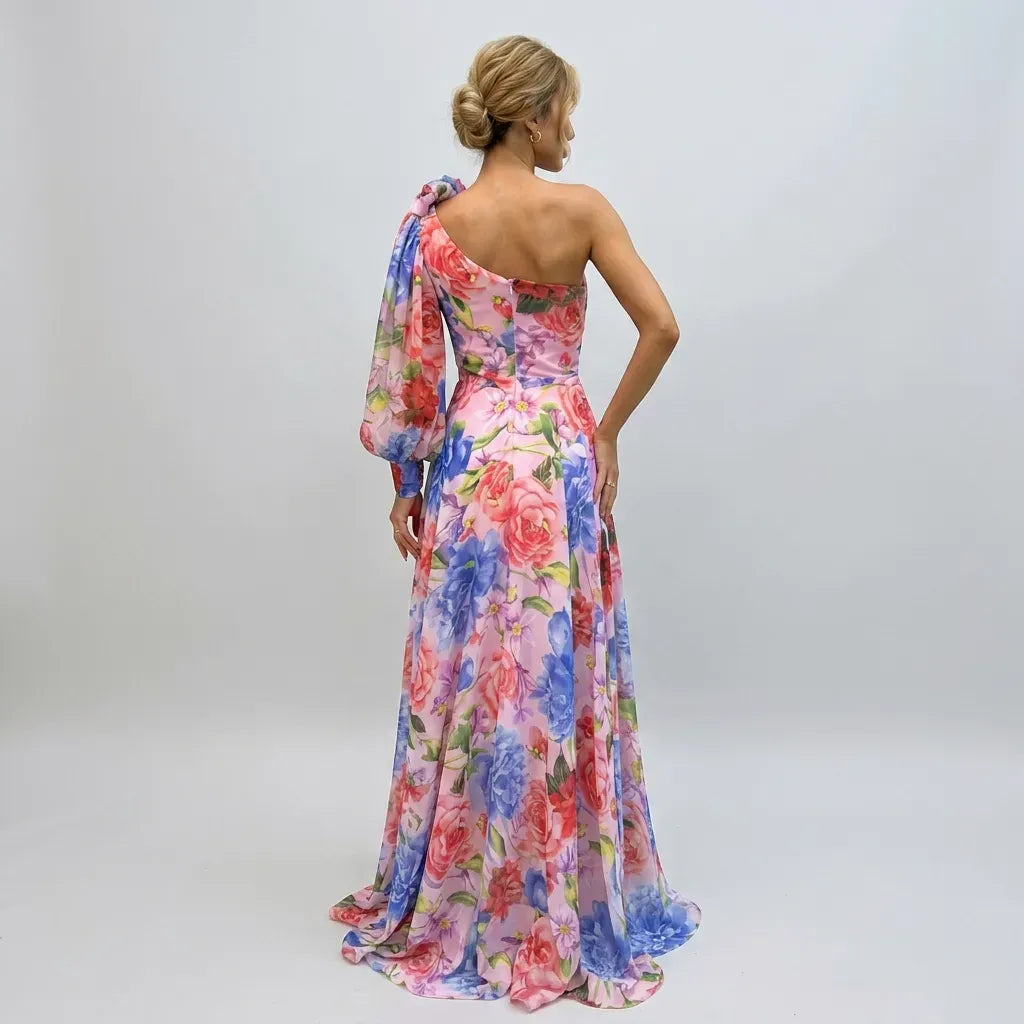 Floral Chiffon Flowy Dress One Shoulder Purple 1