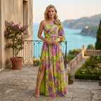Floral Chiffon Flowy Dress One Shoulder Yellow 2