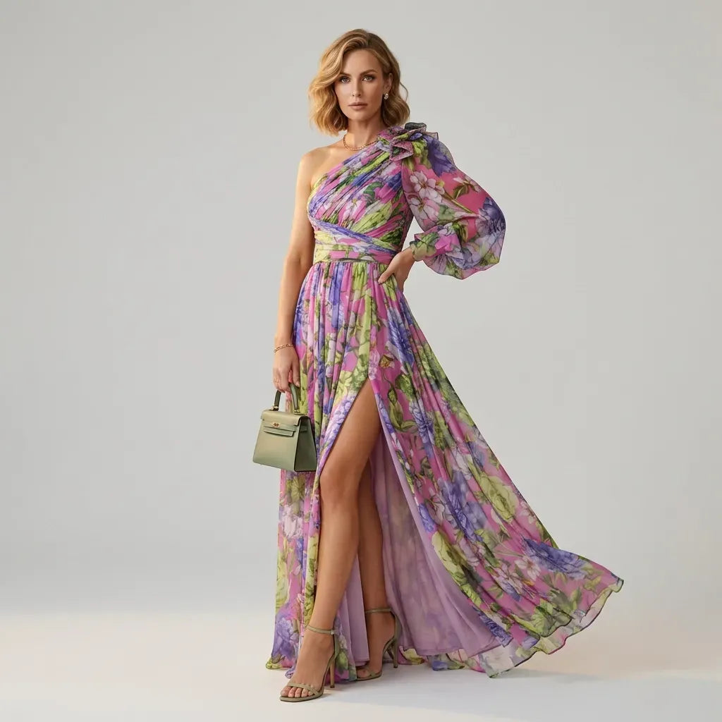 Floral Chiffon Flowy Dress One Shoulder Purple 3