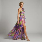 Floral Chiffon Flowy Dress One Shoulder Purple 4