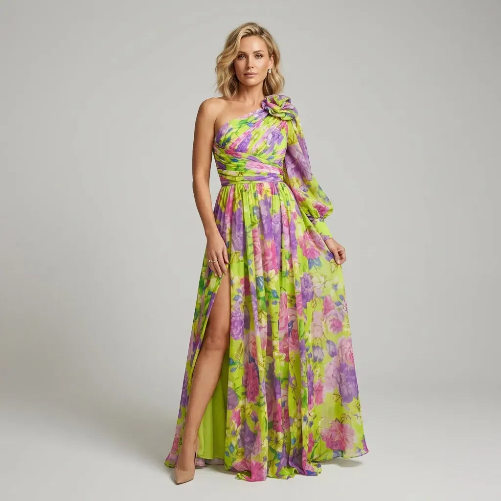 Floral Chiffon Flowy Dress One Shoulder Yellow 5