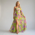 Floral Chiffon Flowy Dress One Shoulder Yellow 6