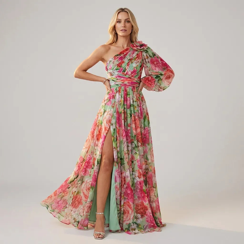 Floral Chiffon Flowy Dress One Shoulder Pink 7