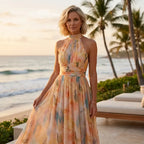 Floral Halter Neck Maxi Chiffon Dress Orange 1