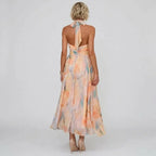 Floral Halter Neck Maxi Chiffon Dress Orange 2
