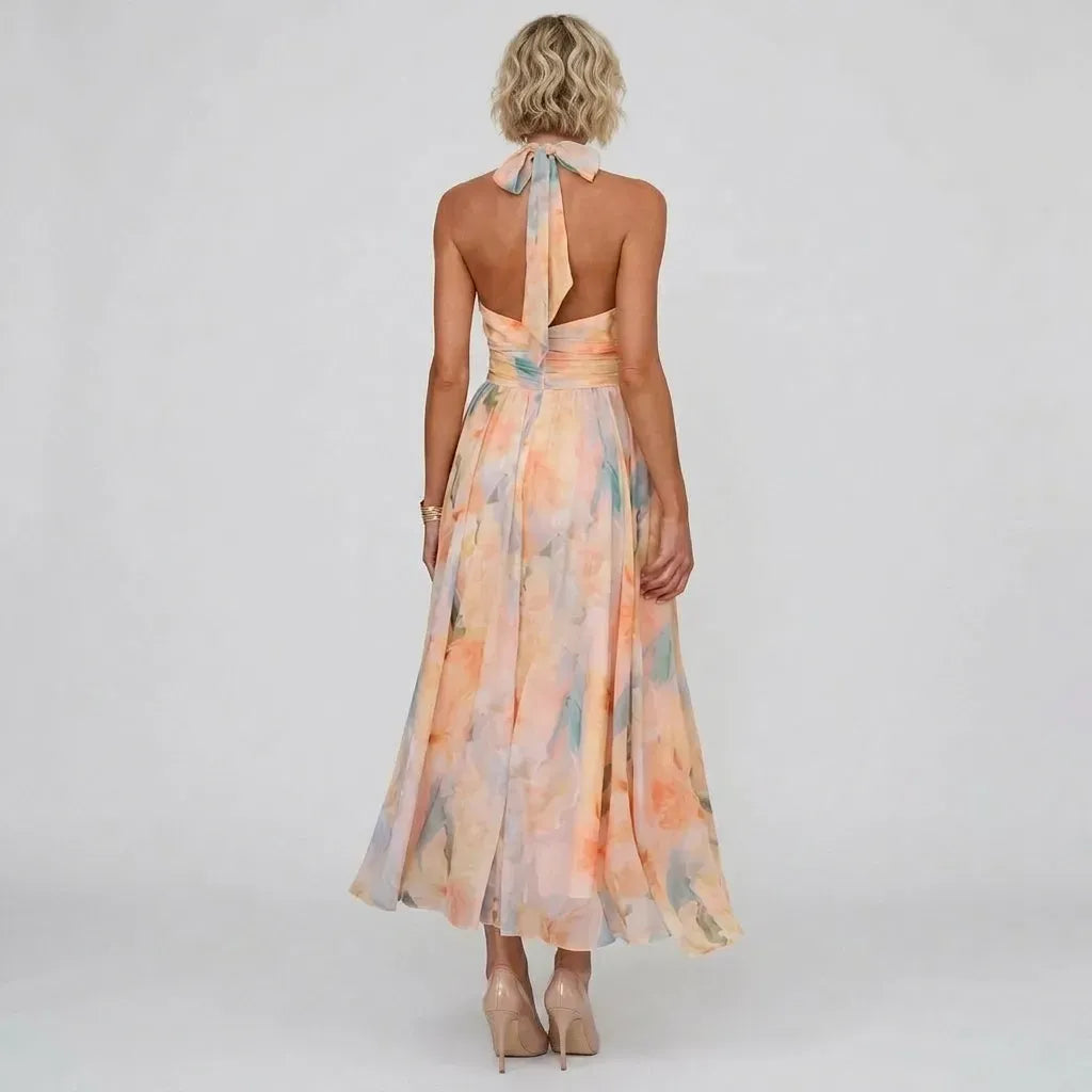 Floral Halter Neck Maxi Chiffon Dress Orange 2