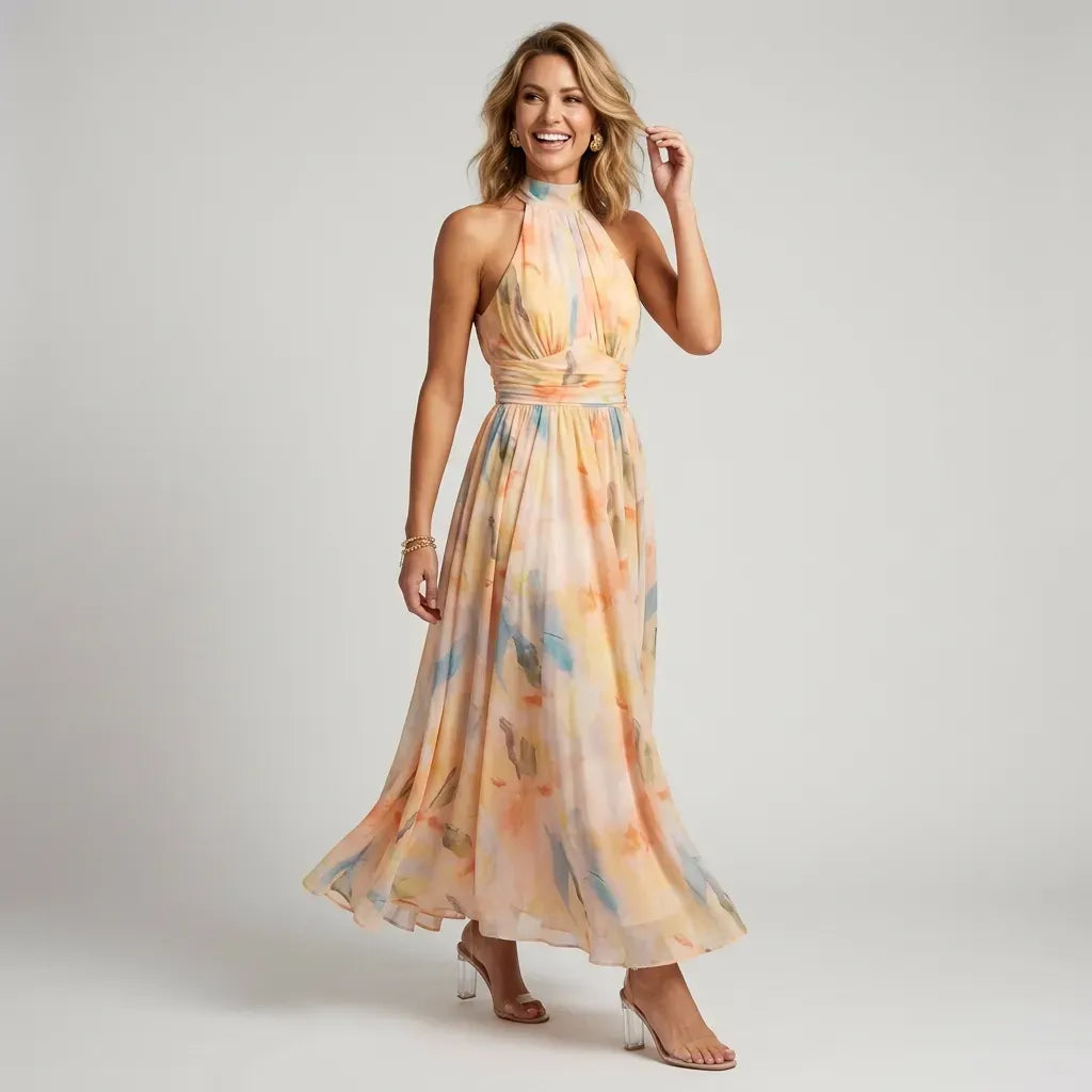 Floral Halter Neck Maxi Chiffon Dress Orange 3