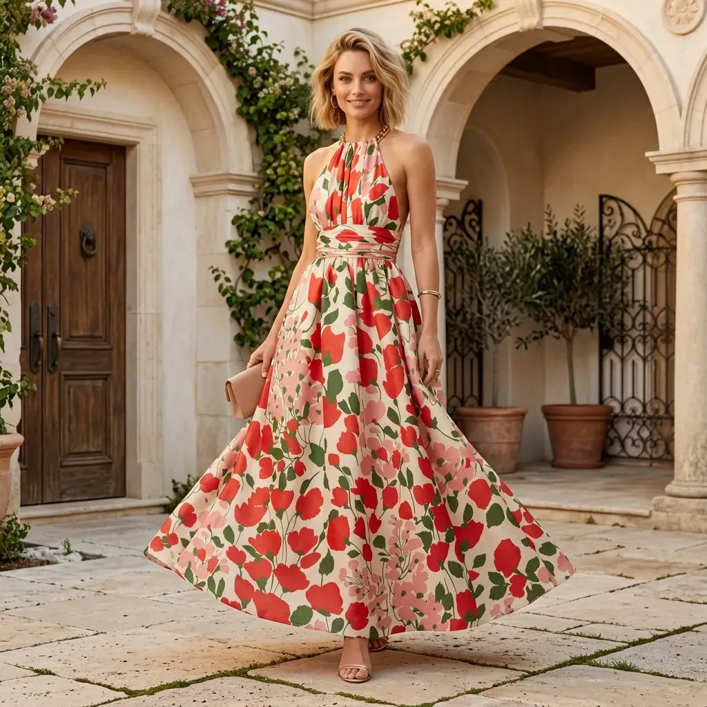 Floral Halter Neck Maxi Dress with Backless Detail Red 1