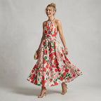 Floral Halter Neck Maxi Dress with Backless Detail Red 2