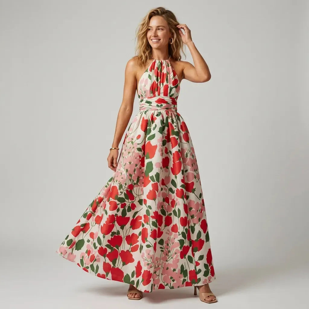 Floral Halter Neck Maxi Dress with Backless Detail Red 3