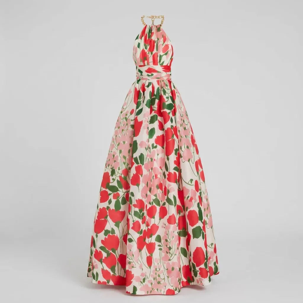Floral Halter Neck Maxi Dress with Backless Detail Red 4