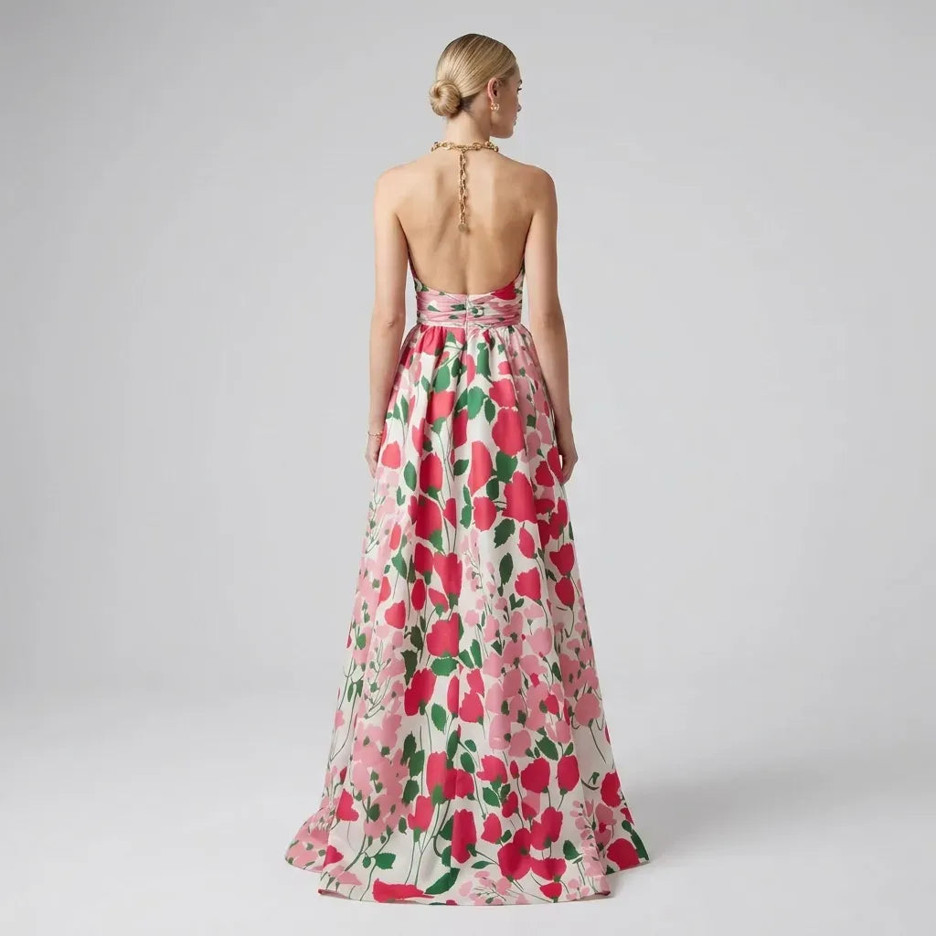 Floral Halter Neck Maxi Dress with Backless Detail Red 5