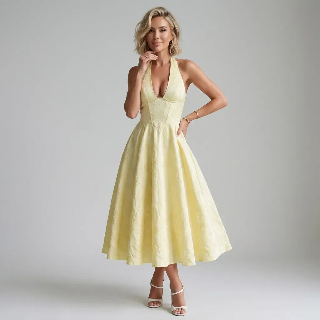 Floral Halter Neck Midi A-Line Dress Yellow 5
