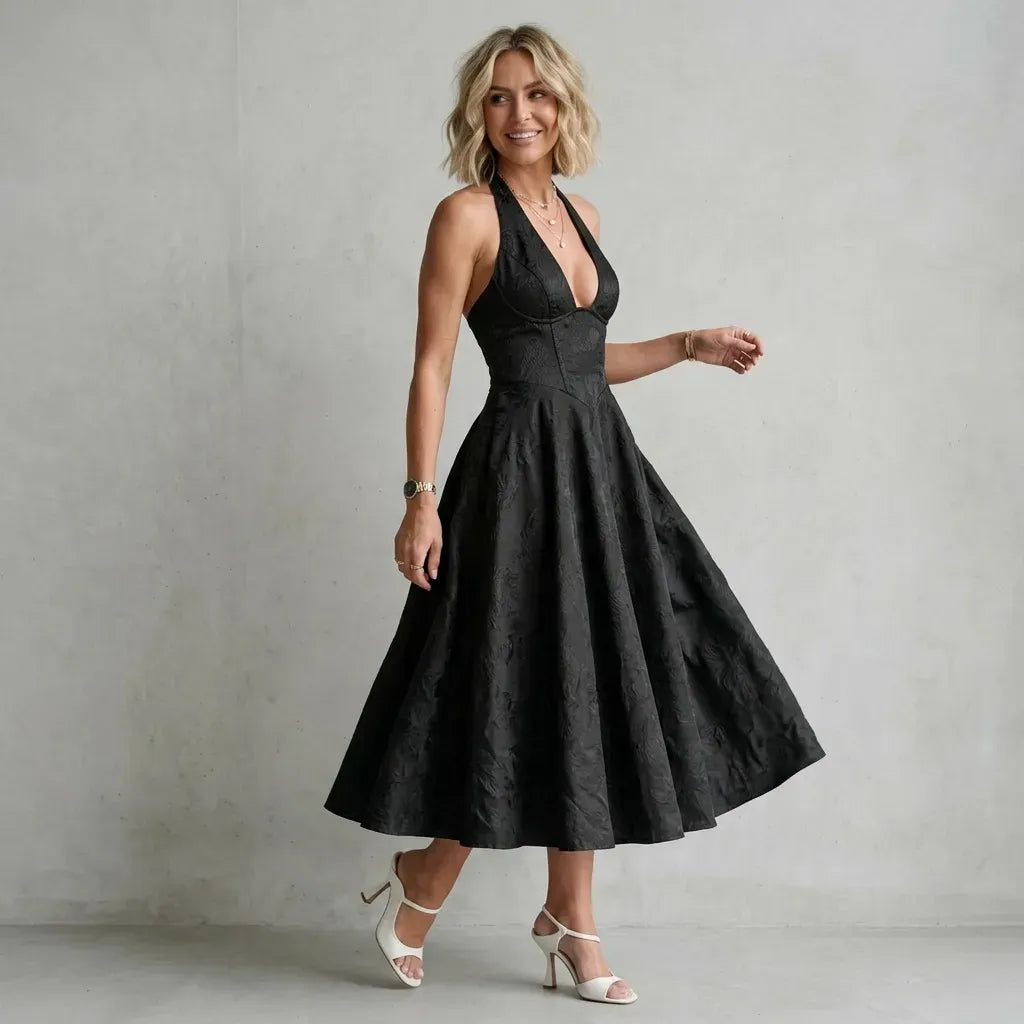 Floral Halter Neck Midi A-Line Dress Black 6