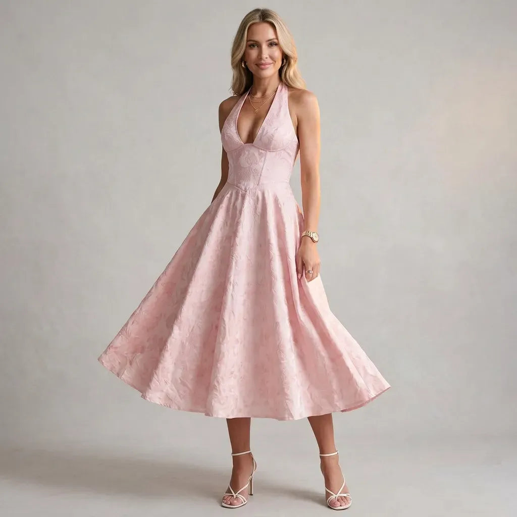 Floral Halter Neck Midi A-Line Dress Pink 7