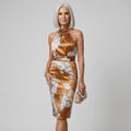 Floral Halter Neck Satin Midi Dress Brown 1