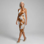 Floral Halter Neck Satin Midi Dress Brown 4