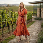 Floral Midi Wrap Dress with V-Neck Red 1