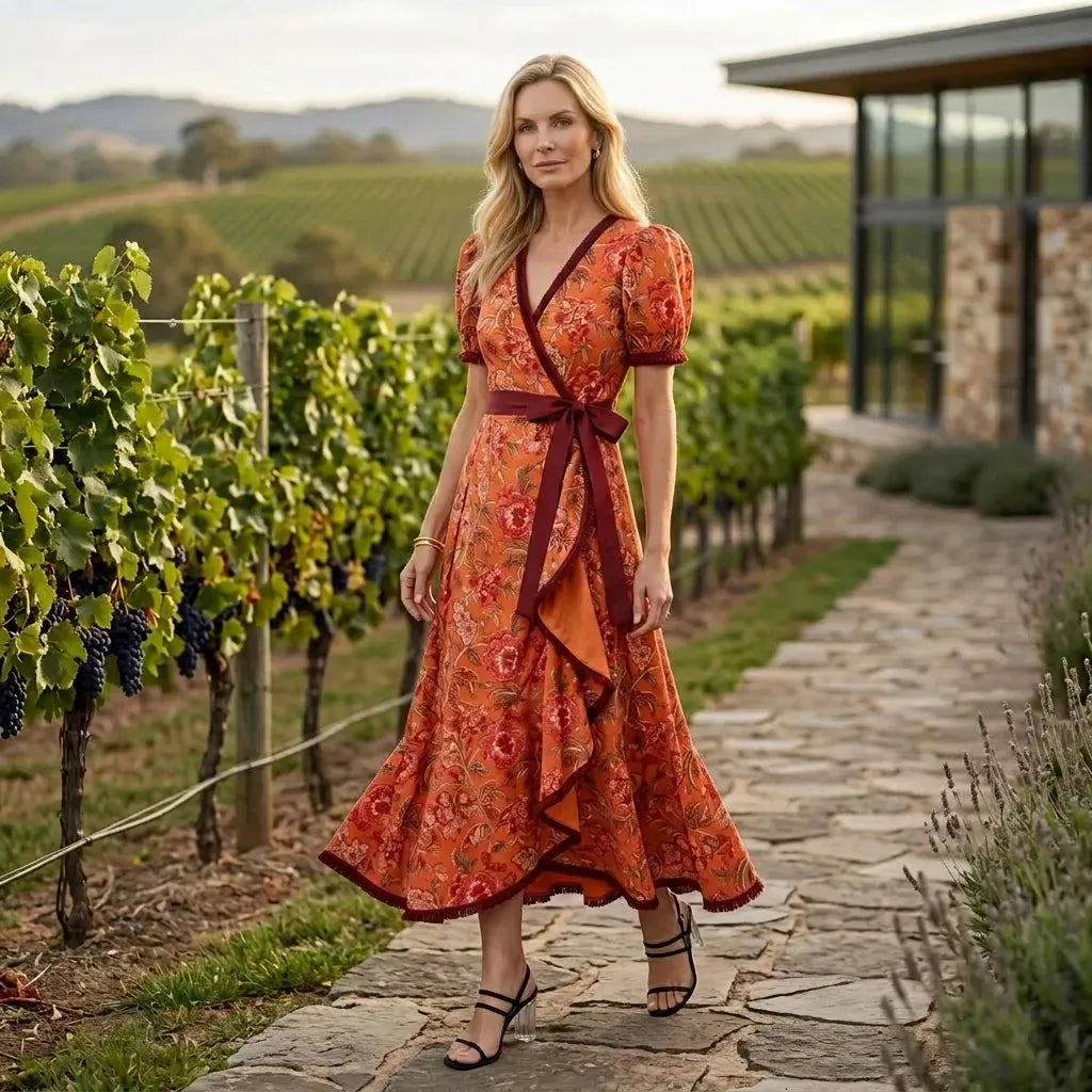 Floral Midi Wrap Dress with V-Neck Red 1