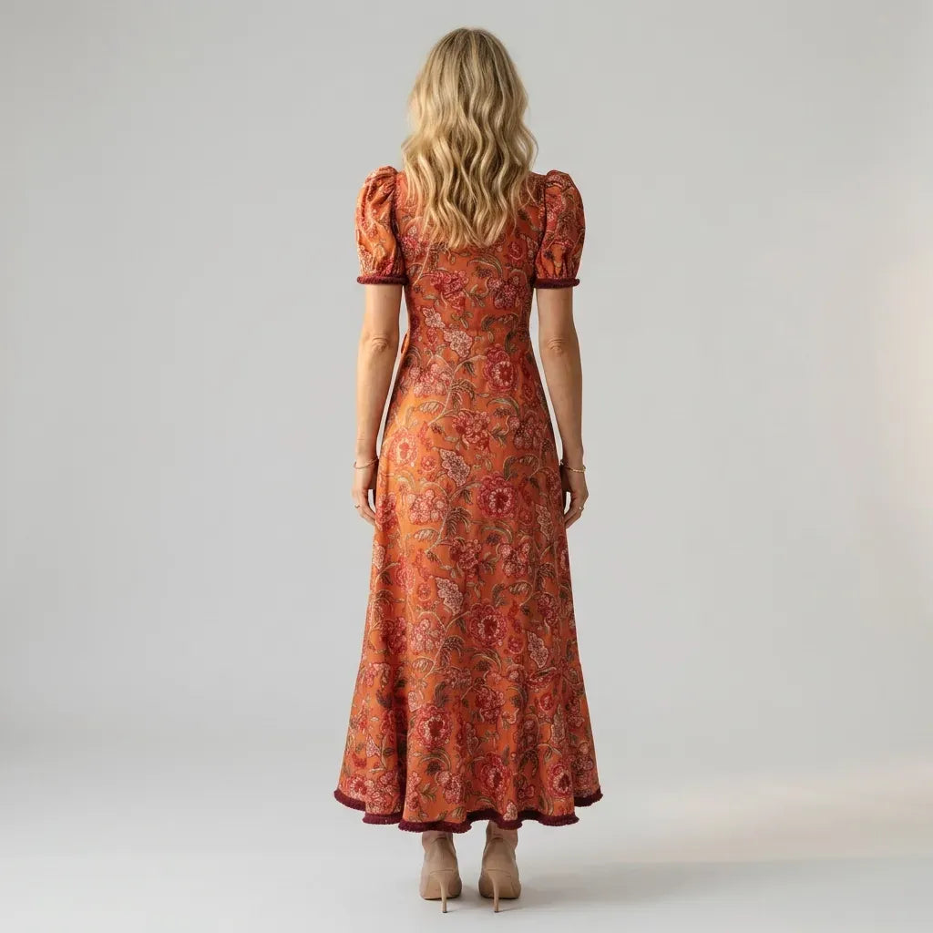 Floral Midi Wrap Dress with V-Neck Red 2