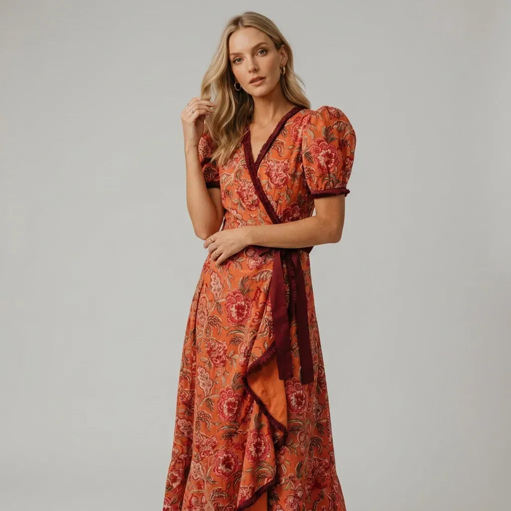 Floral Midi Wrap Dress with V-Neck Red 3