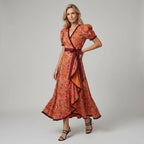 Floral Midi Wrap Dress with V-Neck Red 4
