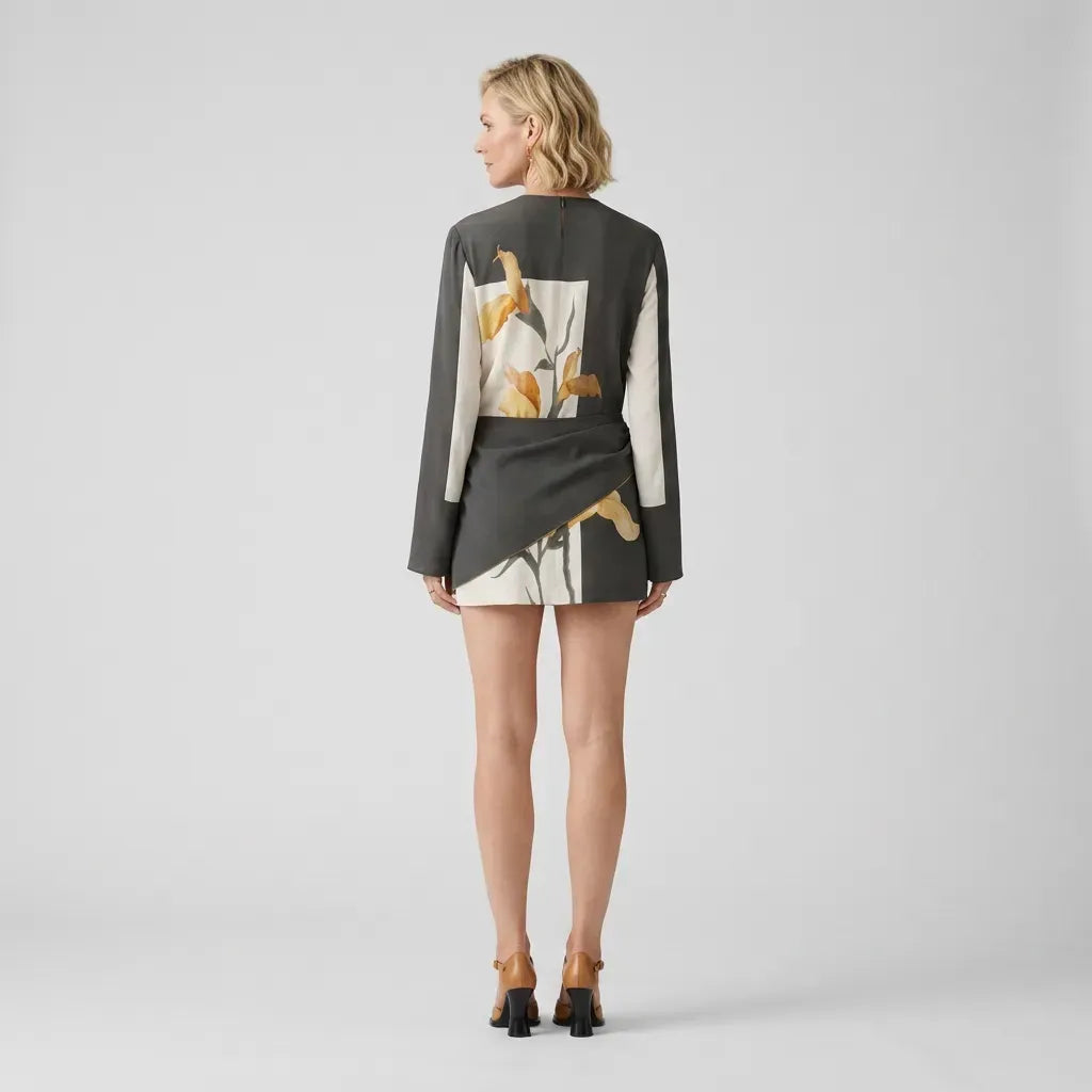 Printed Mini Cocktail Dress with Long Sleeves Black 2