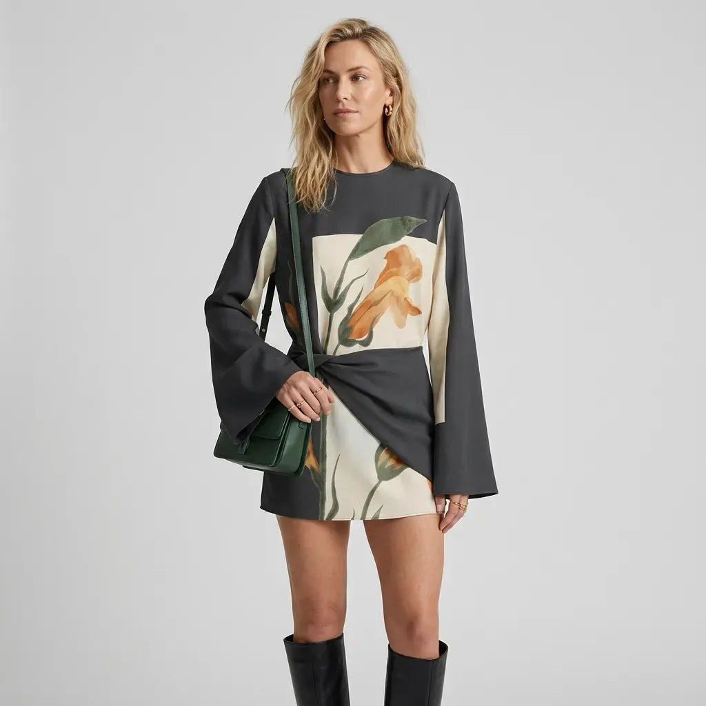 Printed Mini Cocktail Dress with Long Sleeves Black 4