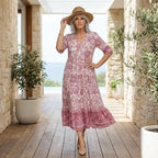 Floral Print Boho Maxi Dress with V-Neck Pink 2