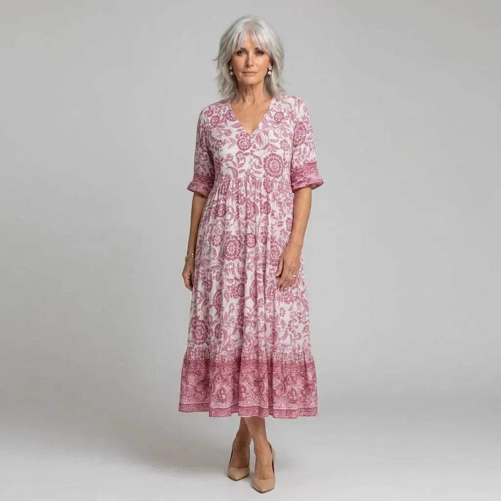 Floral Print Boho Maxi Dress with V-Neck Pink 3