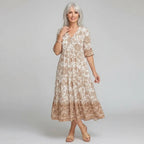 Floral Print Boho Maxi Dress with V-Neck Beige 4