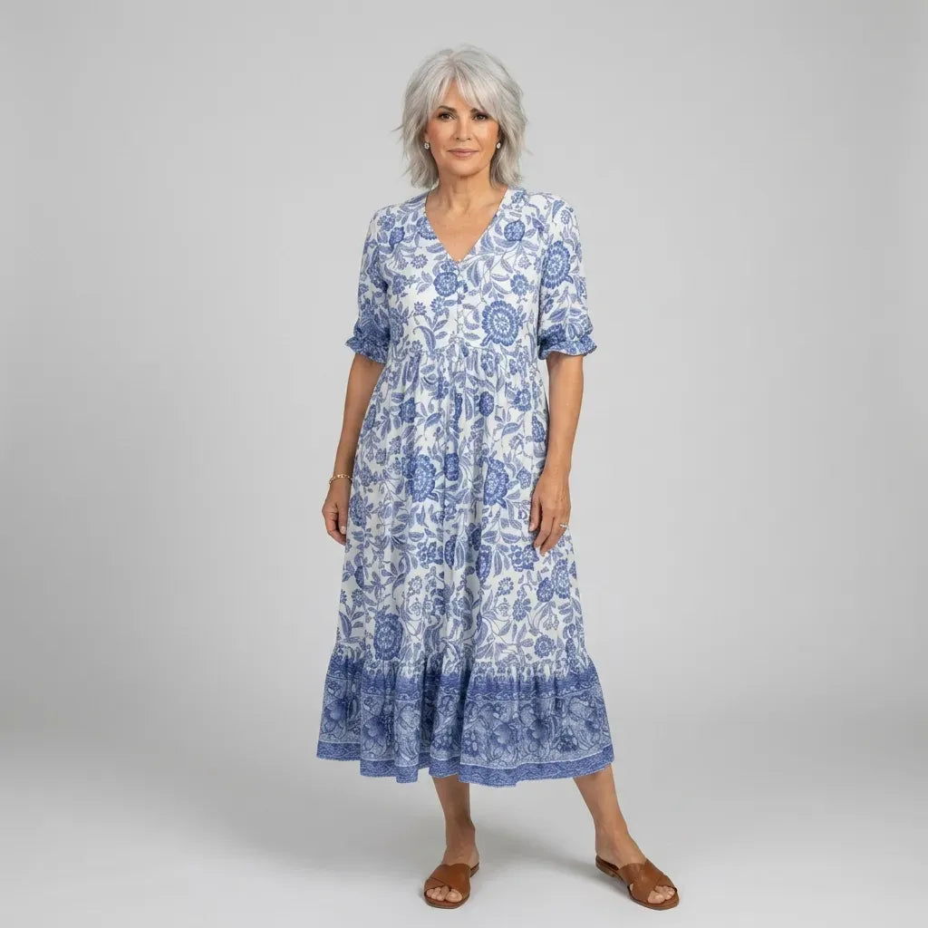 Floral Print Boho Maxi Dress with V-Neck Blue 5